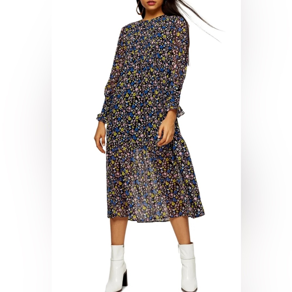 Topshop Floral Print Long Sleeve Midi Dress Size 2 witchy whimsy goth boho chic
